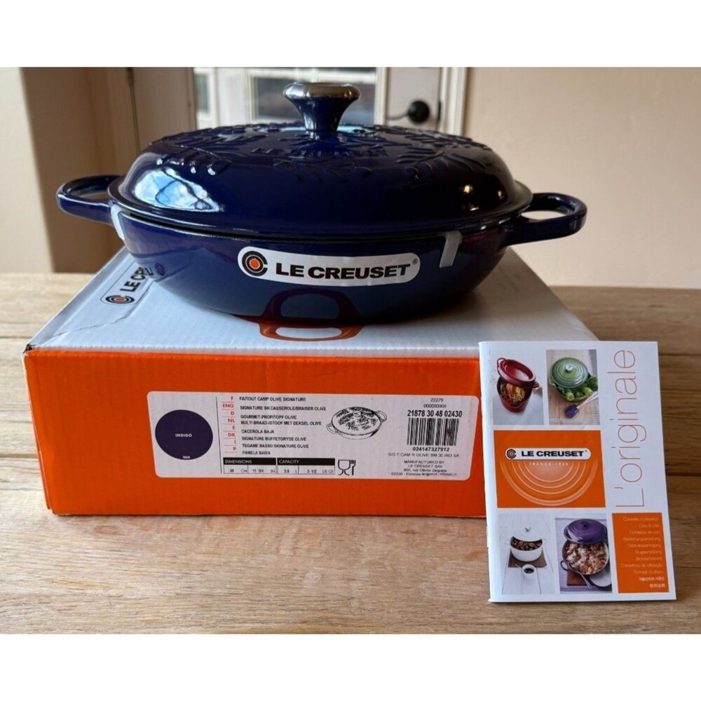 Le Creuset Olive Branch Collection Signature Iron Braiser 3.5 qt Indigo Blue NEW
